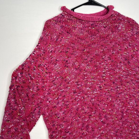 Rainbow Knit Pink Sweater Large Colourful Chunky Roll Neck Jumper Hippie Boho - Picture 5 of 13